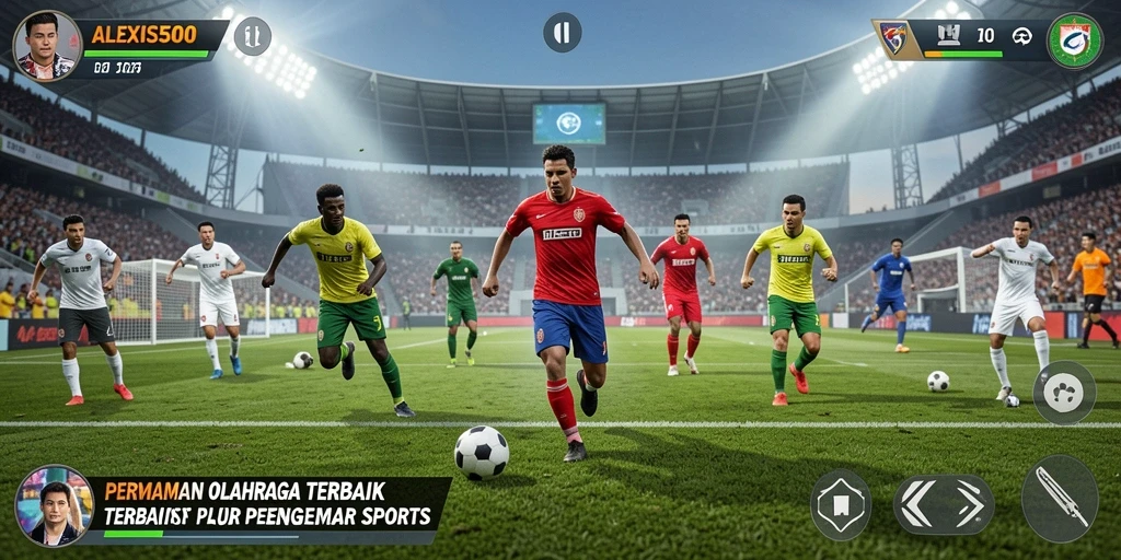 Screenshot utama ALEXIS500 menampilkan aksi seru dalam pertandingan olahraga.