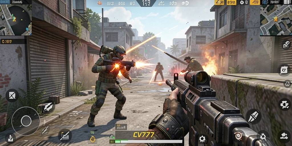 Screenshot permainan CV777 menampilkan aksi mendebarkan dari gameplay FPS.