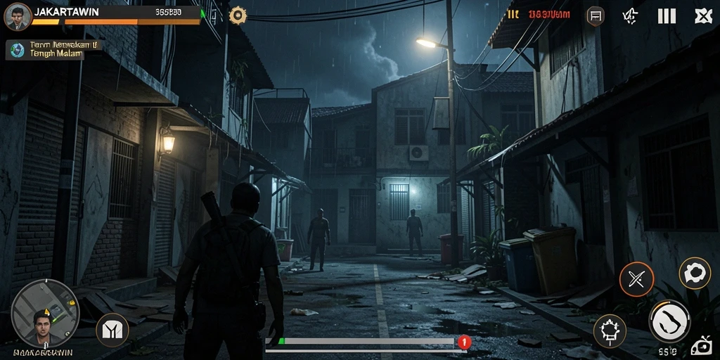 Tangkapan layar menampilkan momen mencekam di <strong>JAKARTAWIN</strong> dengan hantu yang mengejar pemain.