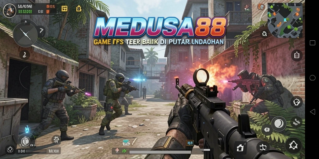 Screenshot gameplay MEDUSA88 menampilkan pertempuran FPS yang mendebarkan.