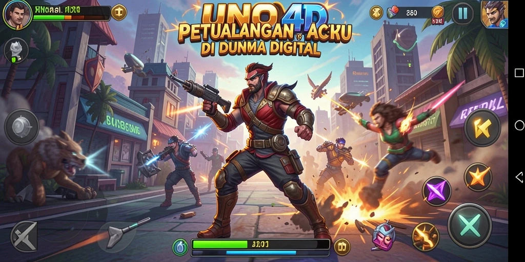 Screenshot gameplay UNO4D yang menampilkan aksi penuh di medan perang.